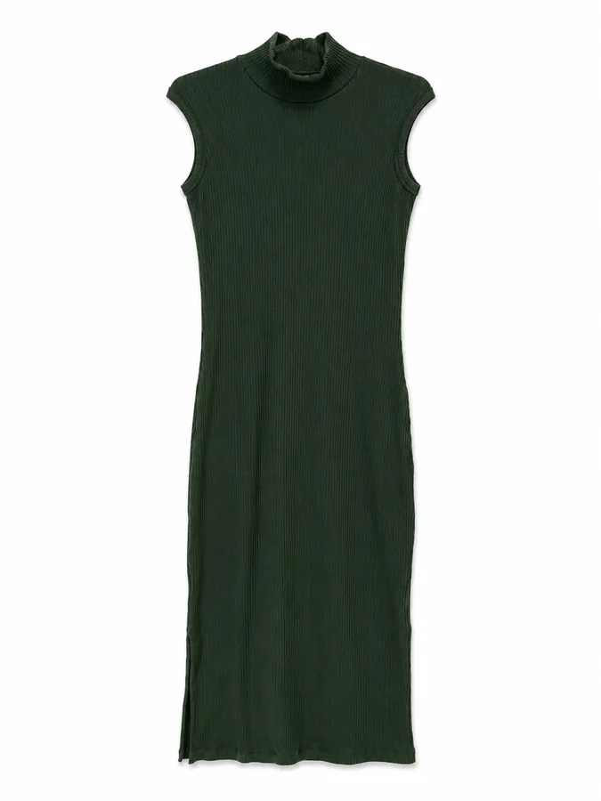Vestido gola alta verde-escuro private label em canelado